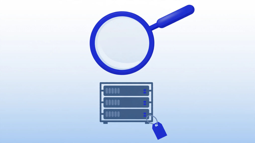 Magnifying glass over a server rack illustrating things to check before buying a cheap VPS