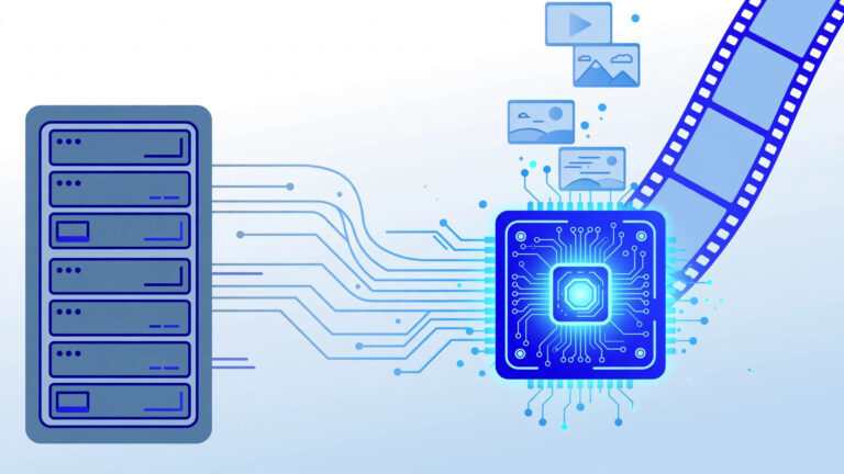 best vps for ai video generation - server rack with GPU chip rendering video frames