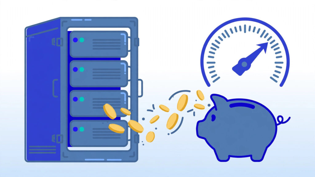cheapest VPS without sacrificing performance - server rack with piggy bank and speed gauge showing low cost and high speed