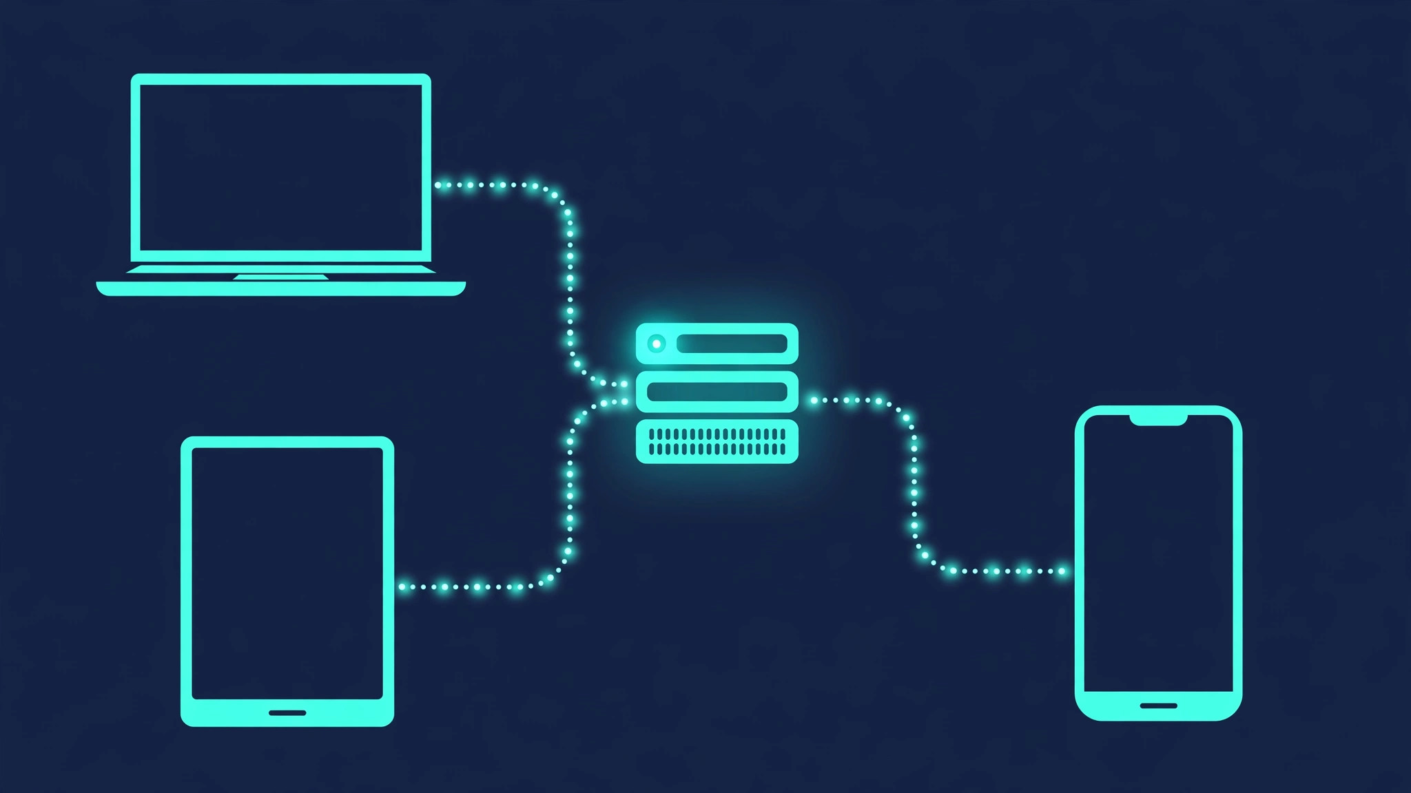 Diagram showing a central VPS server connected to a laptop, tablet, and smartphone through AI API endpoints
