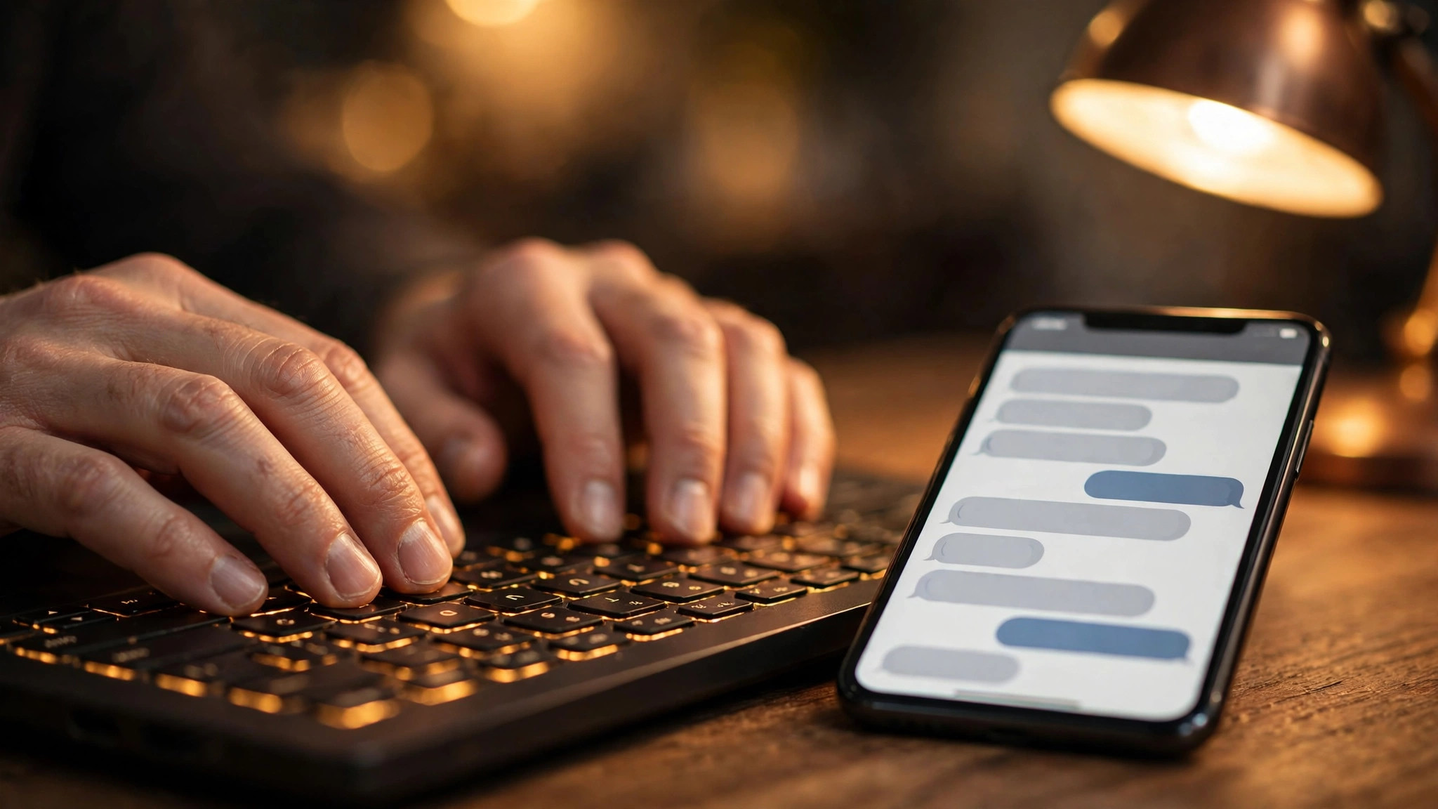 Developer typing on a laptop next to a smartphone showing a chatbot, representing calling a self-hosted AI API from apps