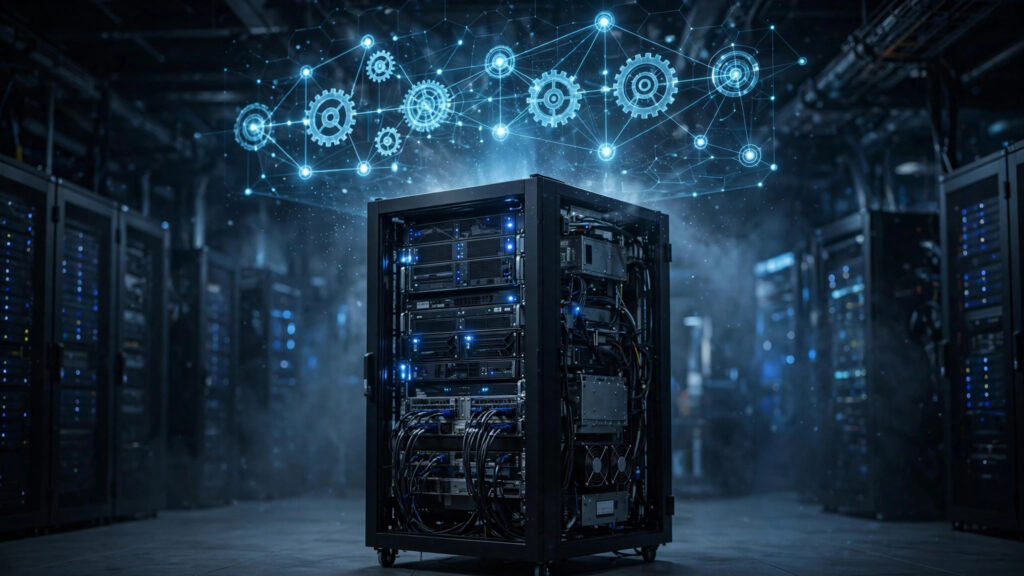 Server rack with a glowing AI automation workflow hologram, illustrating how much VPS power AI automation needs