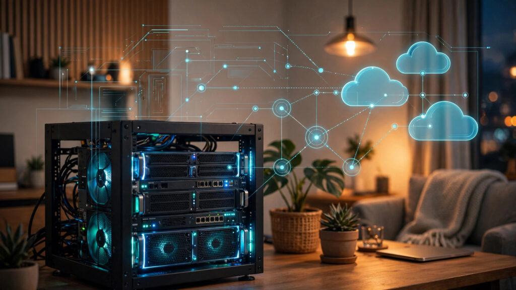 Small home server rack connected to cloud AI services, showing that cloud-API automation needs little VPS power