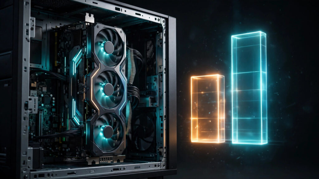Server with a glowing GPU card and a cost-versus-speed comparison chart