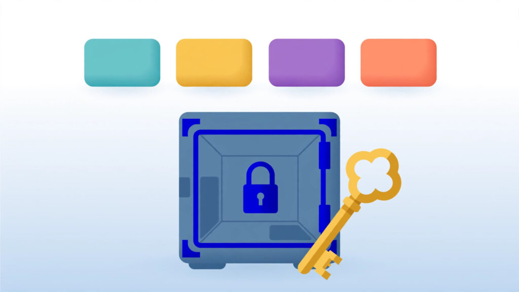 Strong Windows server password stored in a secure vault with a golden key and passphrase blocks