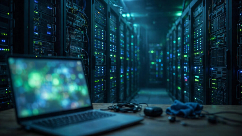 Patch PHP2Shell on a VPS — server room with rack servers and a laptop