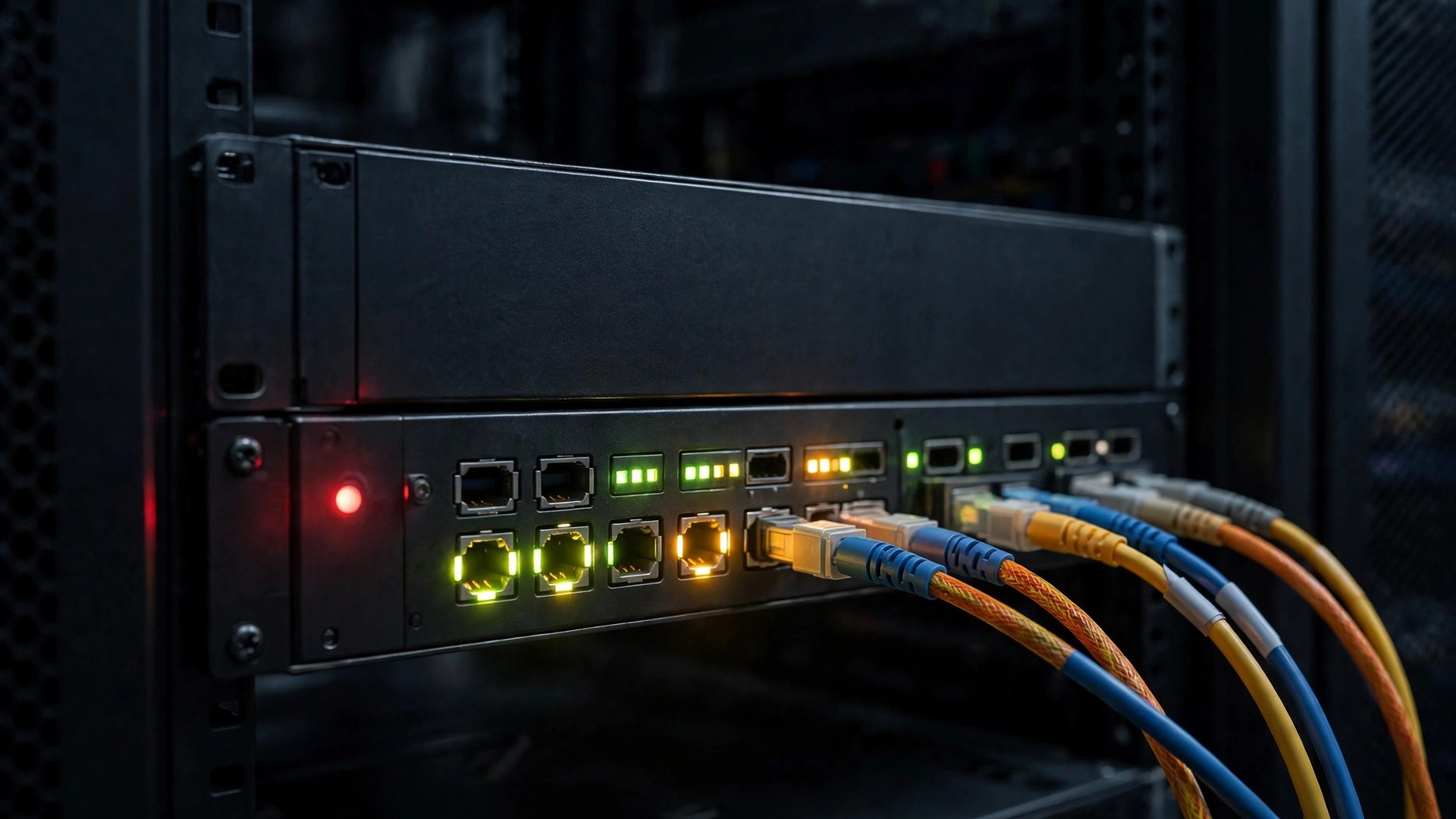 Network gateway appliance with ethernet cables and status lights in a data center rack
