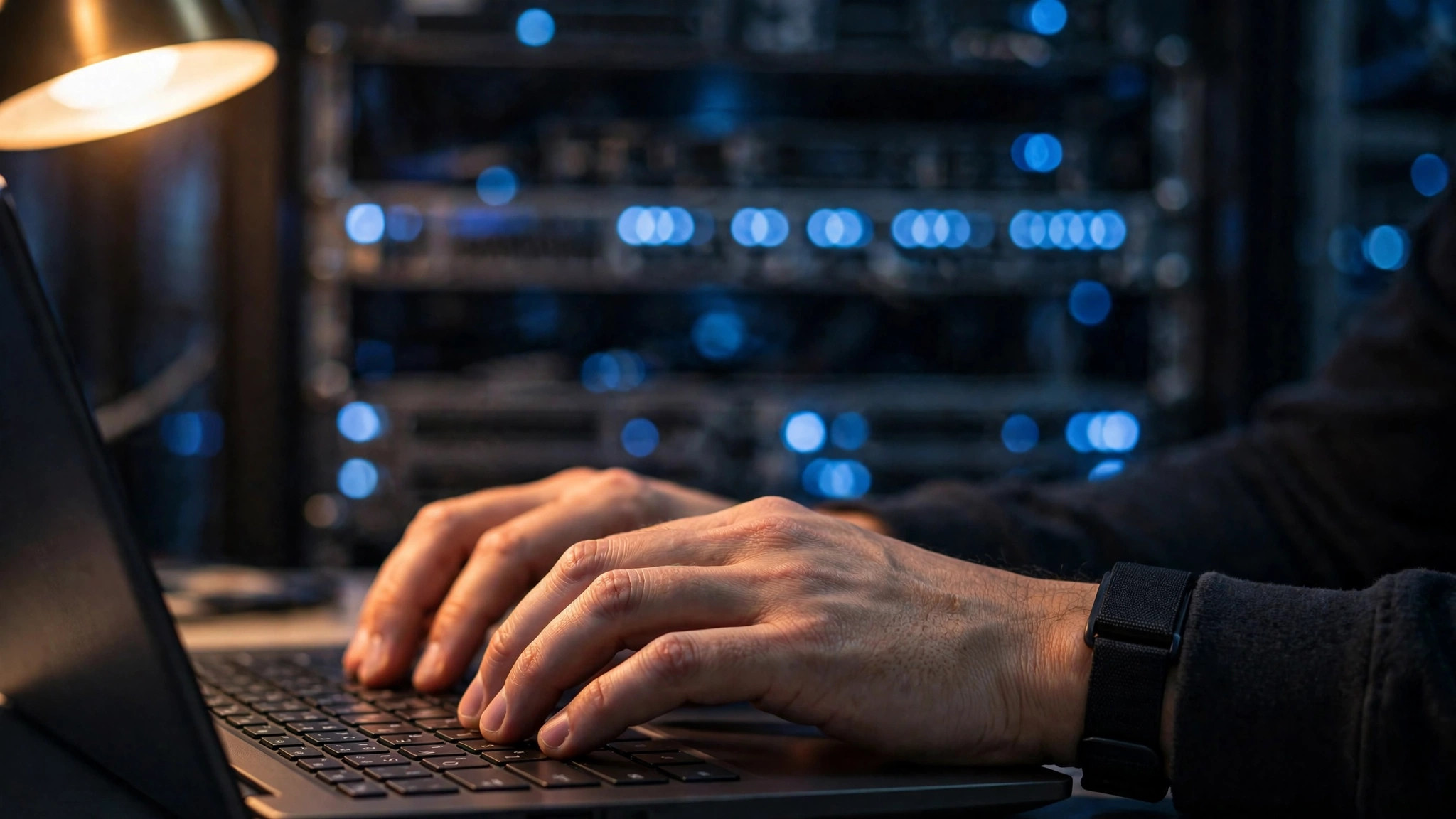 System administrator patching a Windows Server from a laptop in front of a server rack