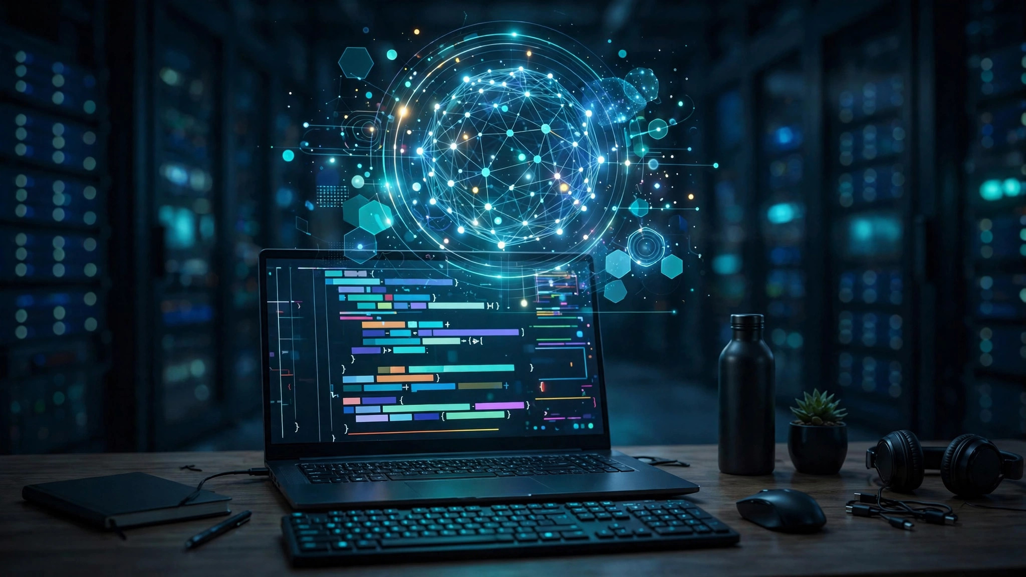 AI coding agent running on a VPS — laptop connected to a server with an AI assistant