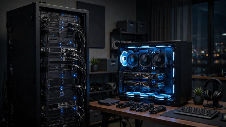 Server rack with glowing GPU cards for a self-hosted AI image generator